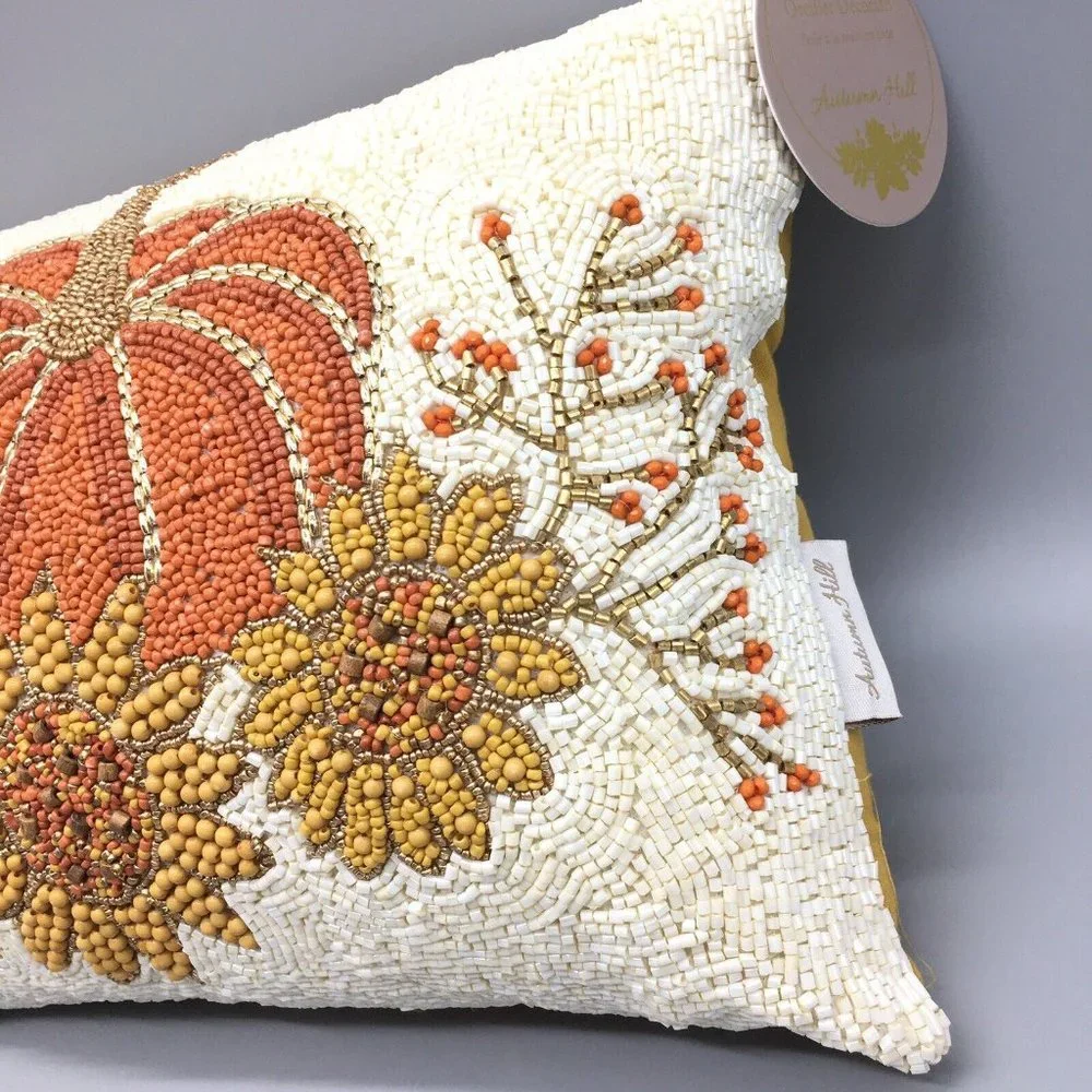 2 Autumn Hill Beaded Orange Pumpkin Sunflower Accent Pillow Set Fall Decor 12x16